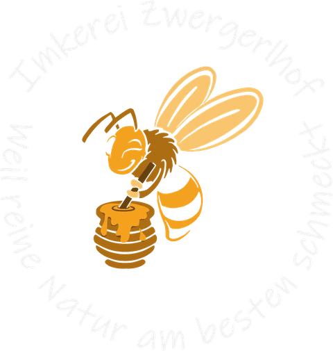 Logo der Bio-Imkerei Zwergerlhof: stilisierte Biene am Honigtopf, umrahmt vom Motto „Weil reine Natur am besten schmeckt“